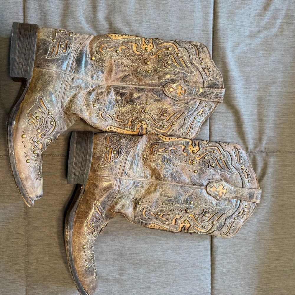 Corral Distressed Gold and Brown Heeled Boots